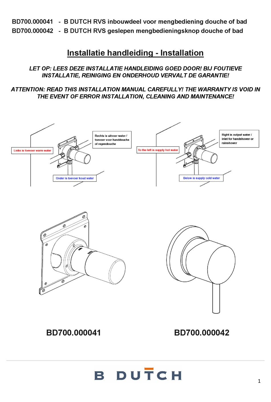 B DUTCH RVS KRANEN BD700.000041 INSTALLATION MANUAL Pdf Download ...