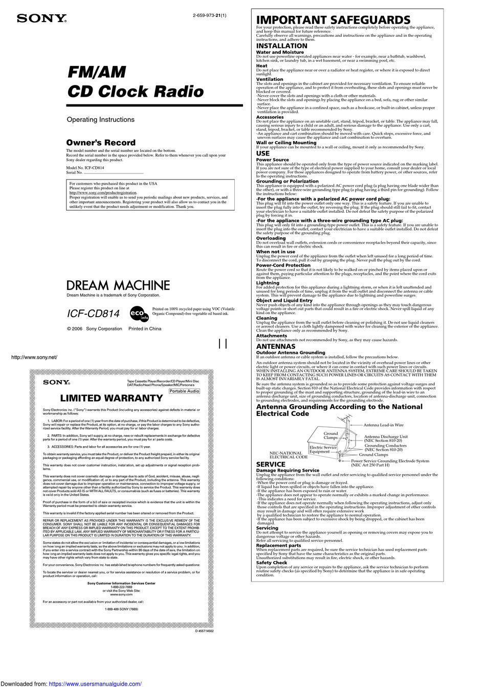 SONY DREAM MACHINE ICFCD814 OPERATING INSTRUCTIONS Pdf Download