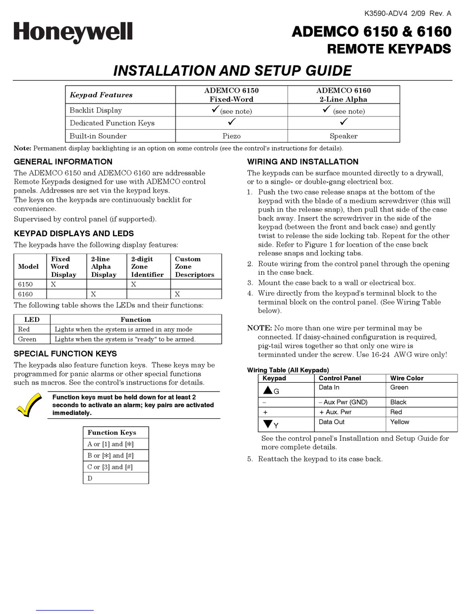 HONEYWELL ADEMCO 6150 INSTALLATION AND SETUP MANUAL Pdf Download