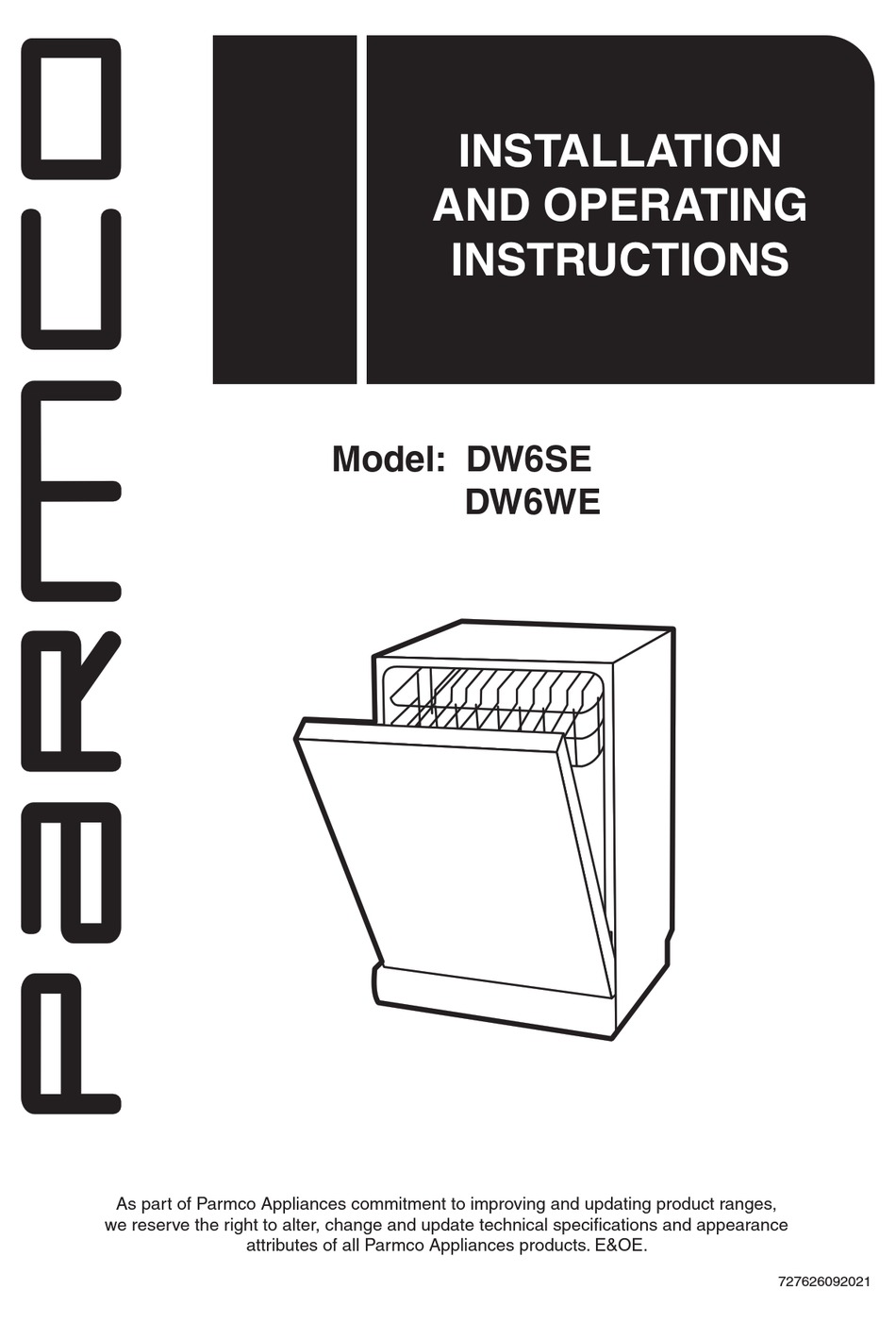 PARMCO DW6SE INSTALLATION AND OPERATING INSTRUCTIONS MANUAL Pdf