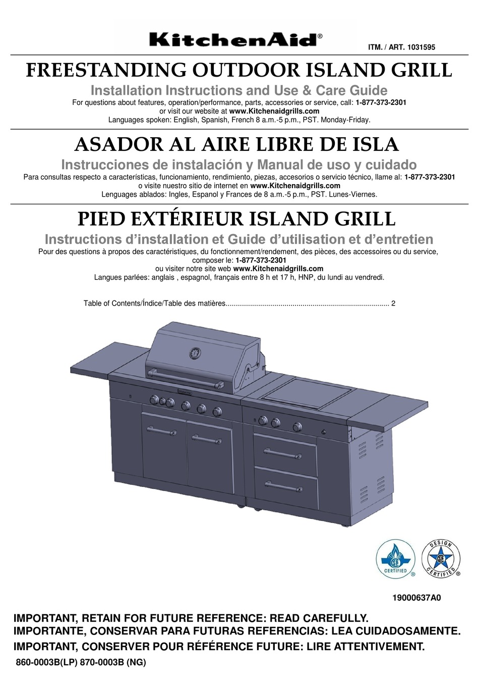 KITCHENAID 8600003B(LP) INSTALLATION INSTRUCTIONS AND USE & CARE