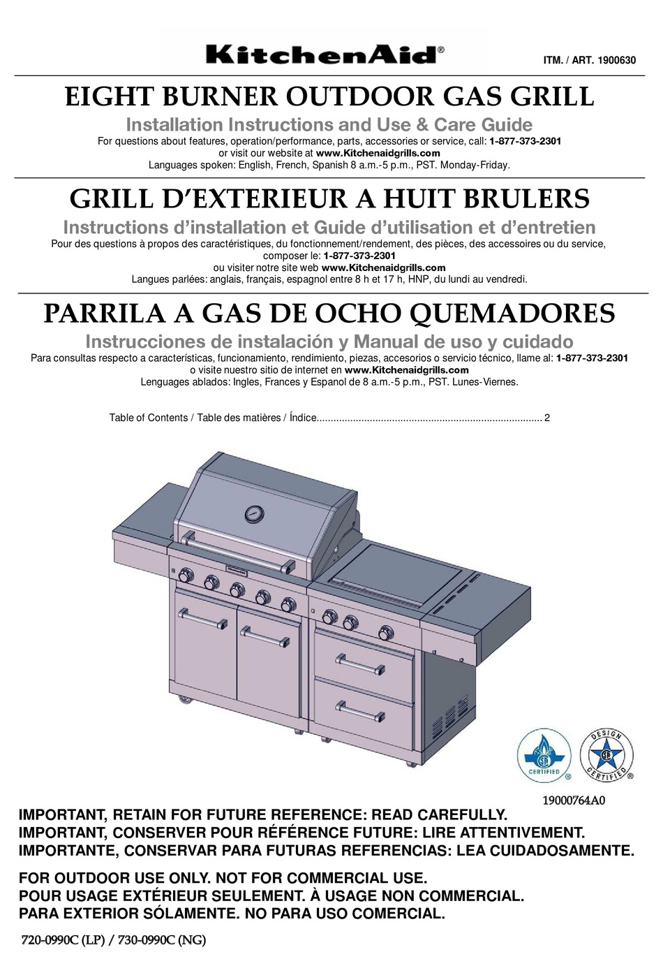 KITCHENAID 7200990C (LP) INSTALLATION INSTRUCTIONS AND USE & CARE