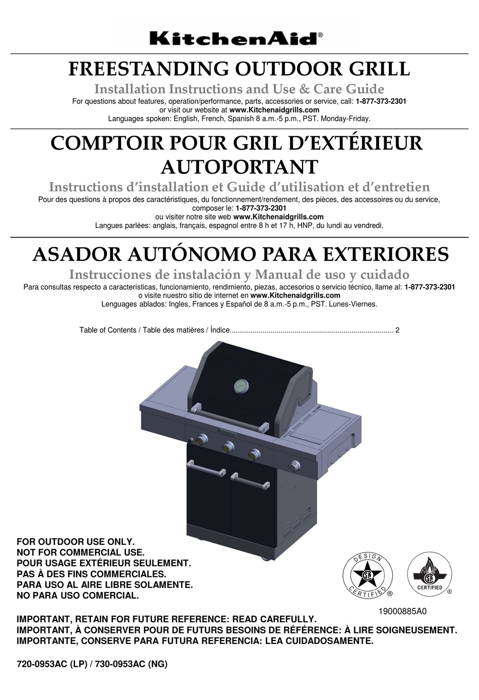 KITCHENAID 7200953AC (LP) INSTALLATION INSTRUCTIONS AND USE & CARE