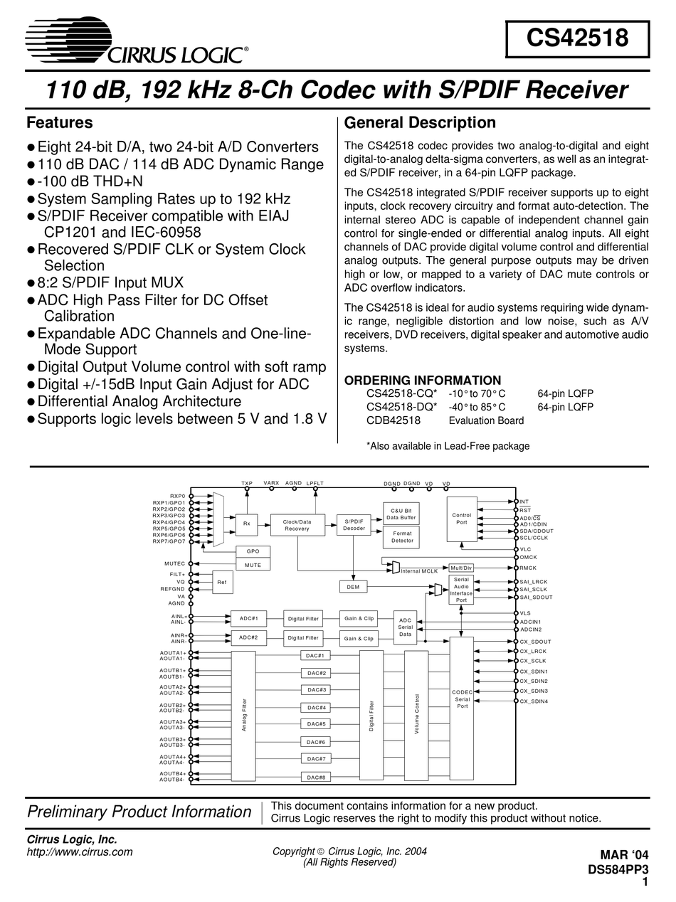 CIRRUS LOGIC CS42518CQ INSTRUCTIONS MANUAL Pdf Download ManualsLib
