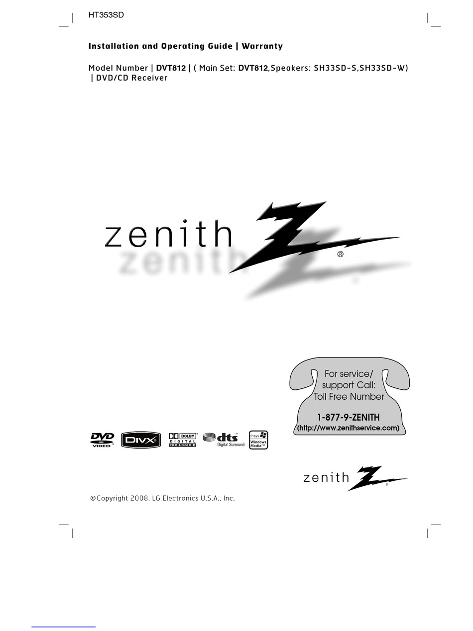 ZENITH DVT812 INSTALLATION AND OPERATING MANUAL, WARRANTY Pdf Download