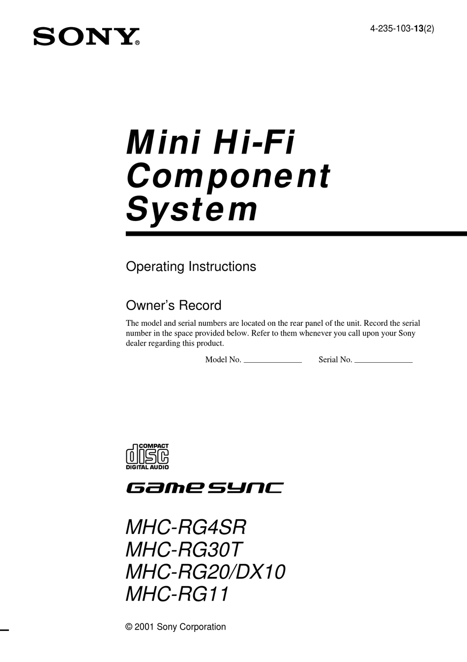 SONY GAME SYNC MHC-PG4SR OPERATING INSTRUCTIONS MANUAL Pdf Download ...