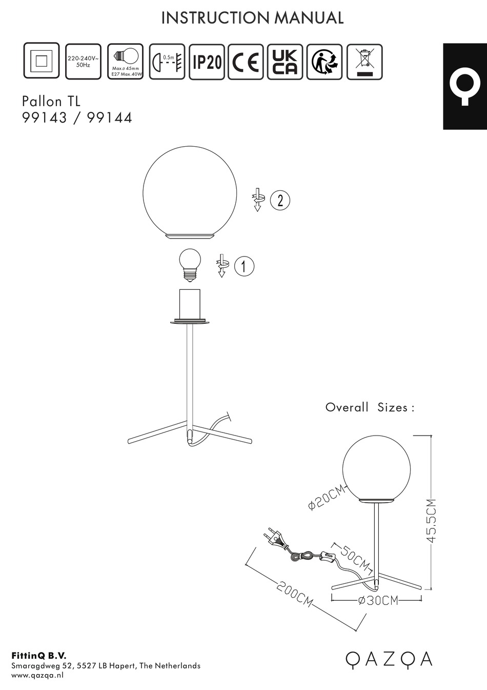 Qazqa Pallon Tl Instruction Manual Pdf Download Manualslib