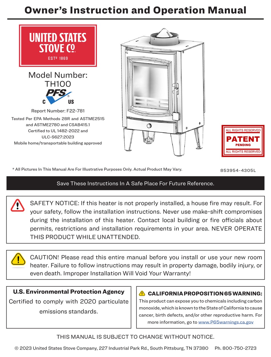UNITED STATES STOVE TH100 OWNER’S INSTRUCTION AND OPERATION MANUAL Pdf