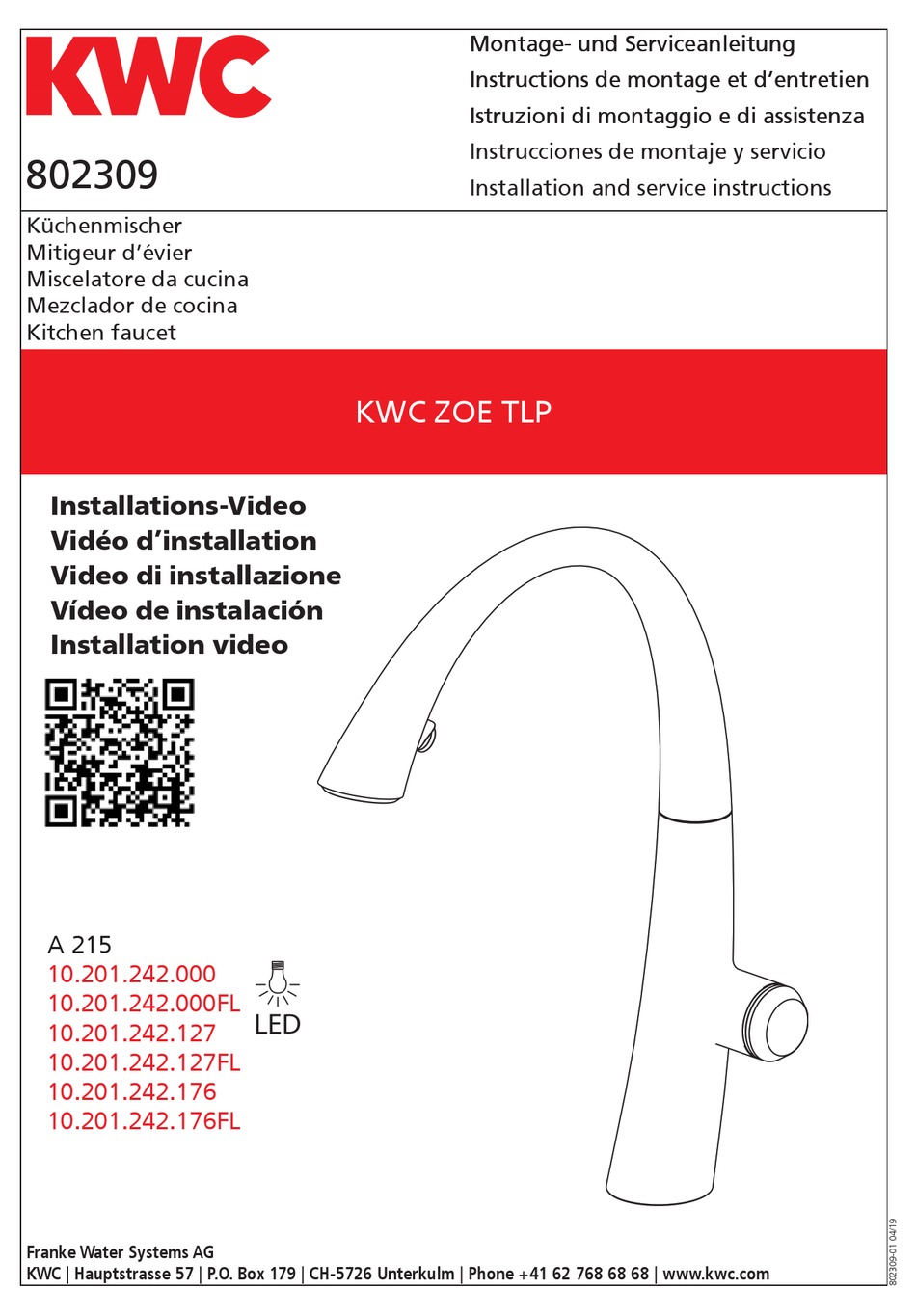 KWC ZOE TLP 10.201.242.176 INSTALLATION AND SERVICE INSTRUCTIONS MANUAL