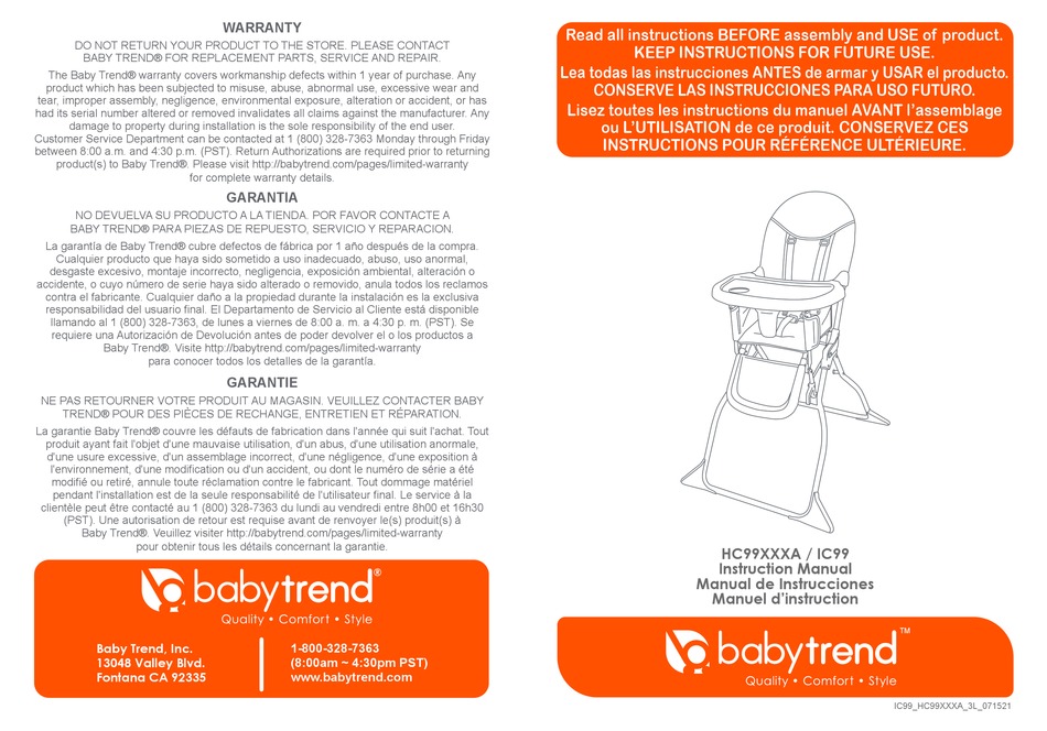 BABY TREND IC99 INSTRUCTION MANUAL Pdf Download ManualsLib