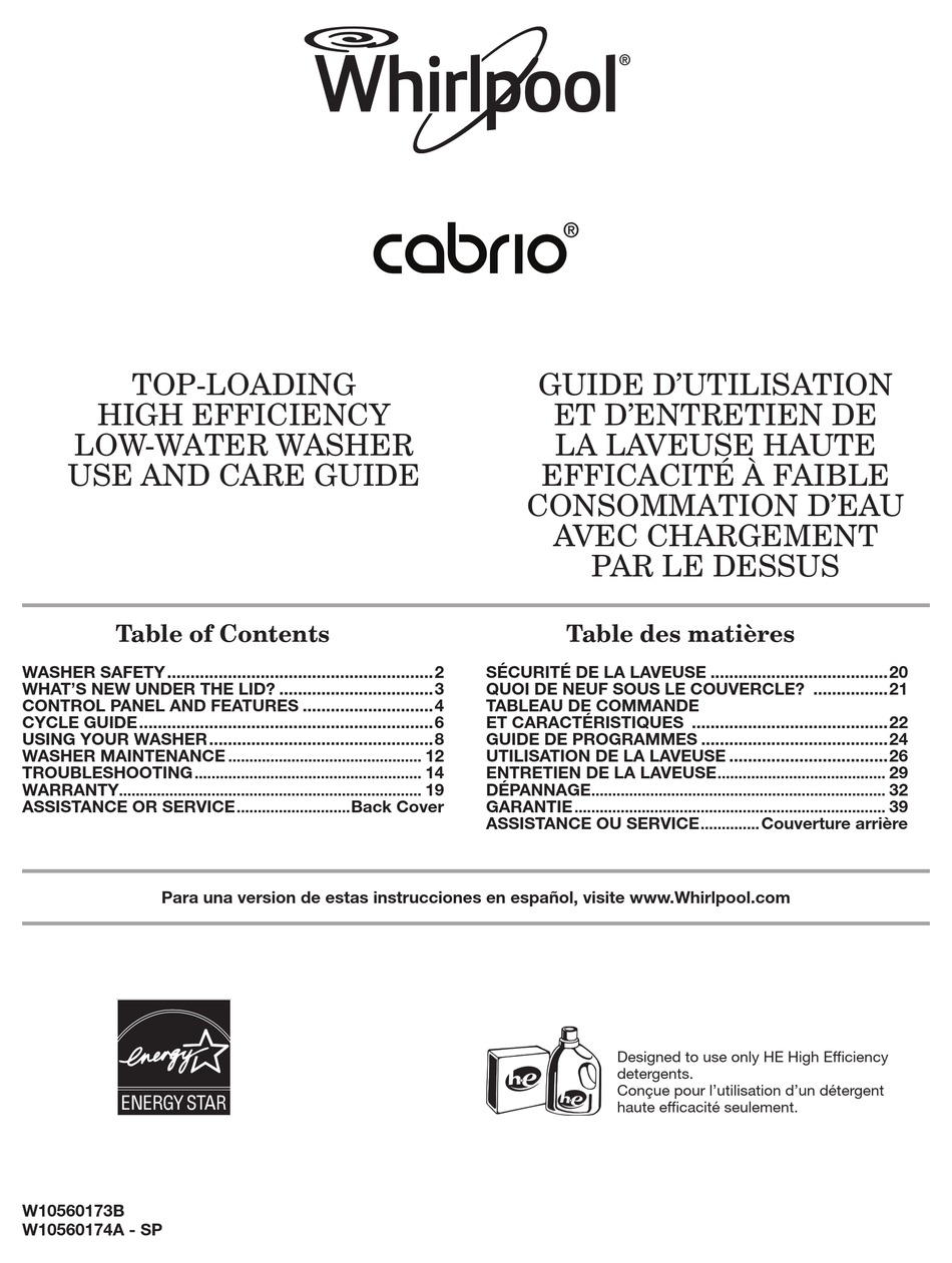 WHIRLPOOL CABRIO W10560173B USE AND CARE MANUAL Pdf Download | ManualsLib