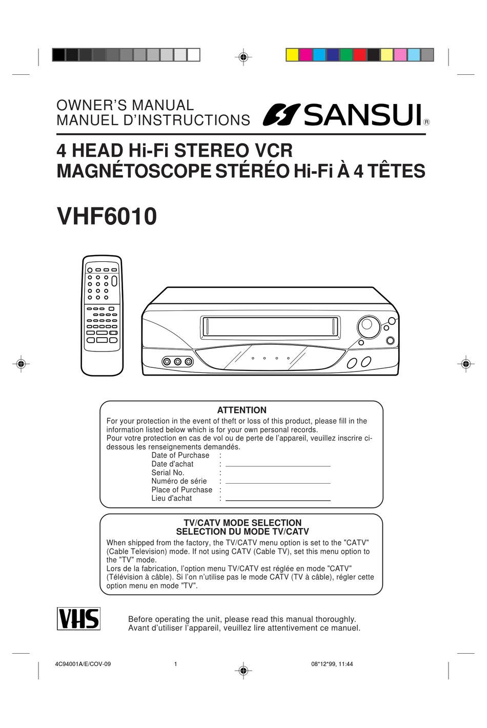 SANSUI VHF6010 OWNER