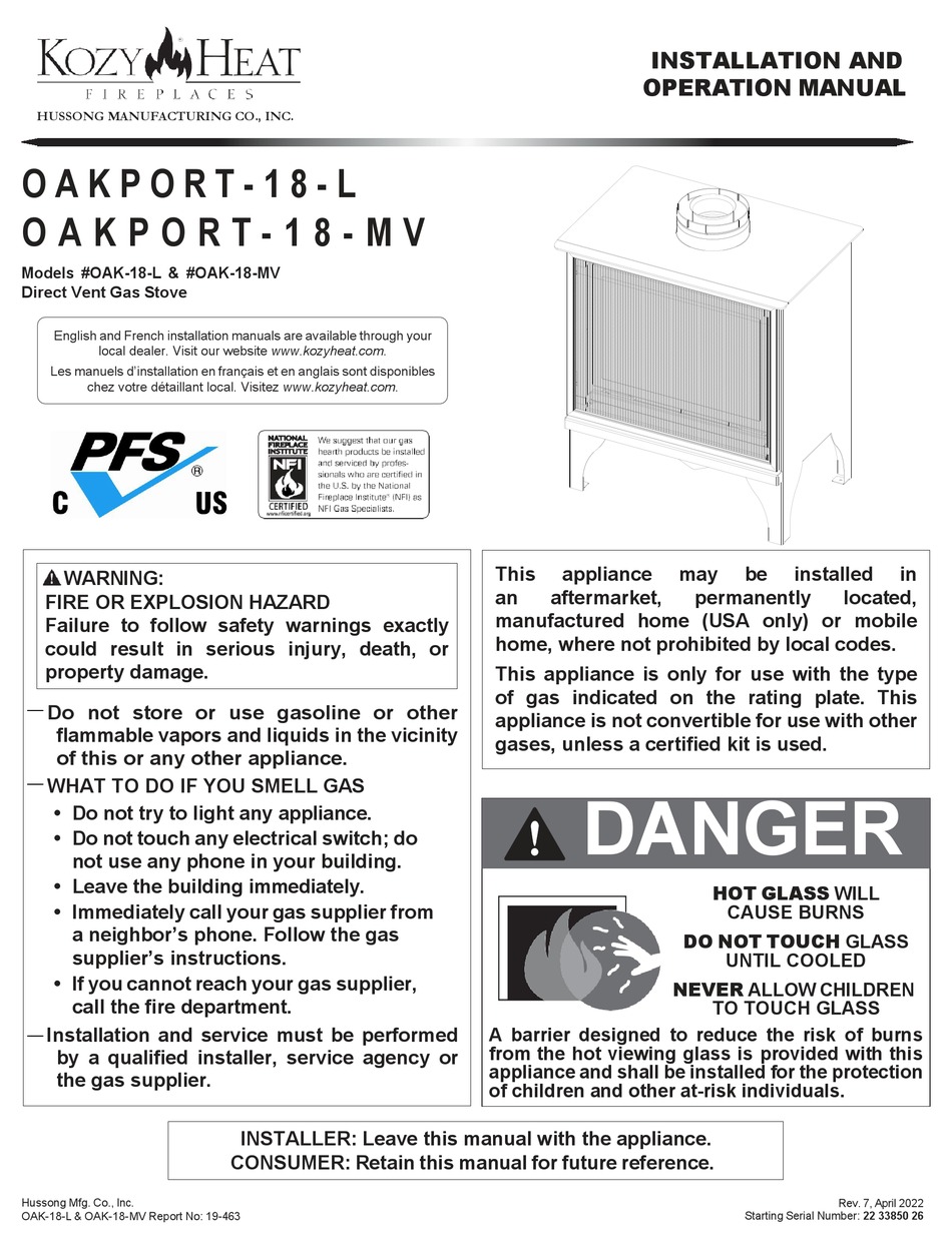 KOZY HEAT OAKPORT18L INSTALLATION AND OPERATION MANUAL Pdf Download