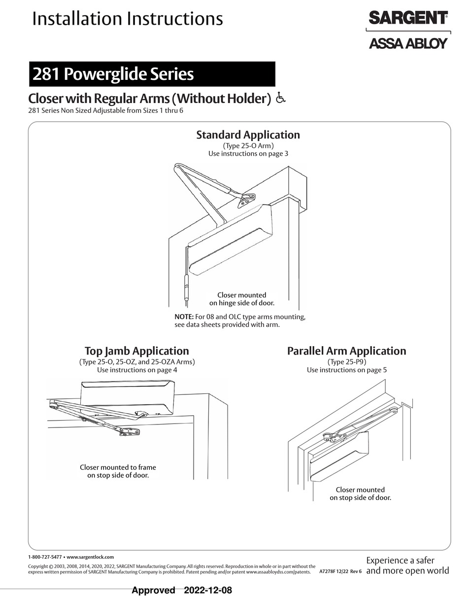 ASSA ABLOY SARGENT POWERGLIDE 281 SERIES INSTALLATION INSTRUCTIONS ...