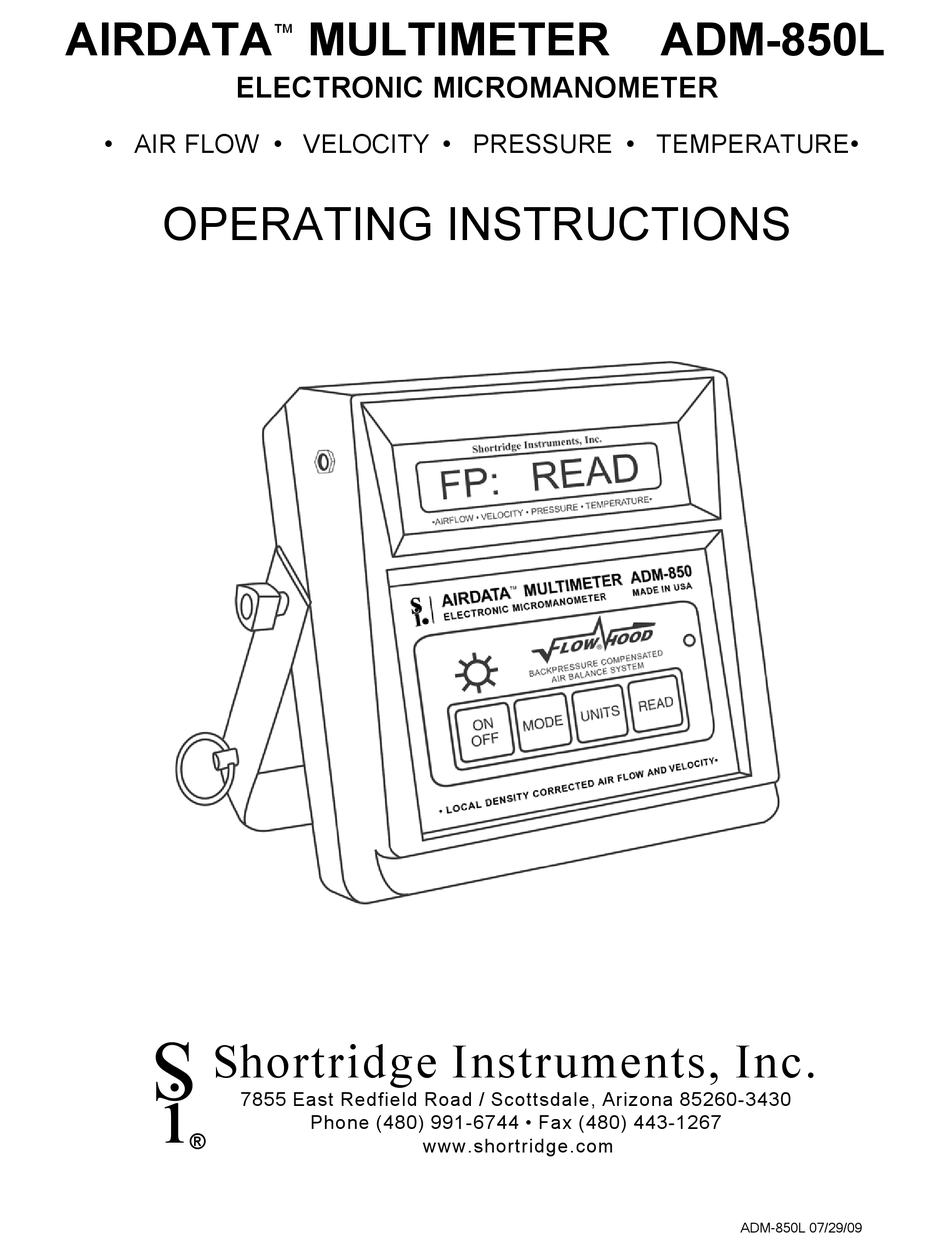 SHORTRIDGE INSTRUMENTS AIRDATA ADM850L OPERATING INSTRUCTIONS MANUAL