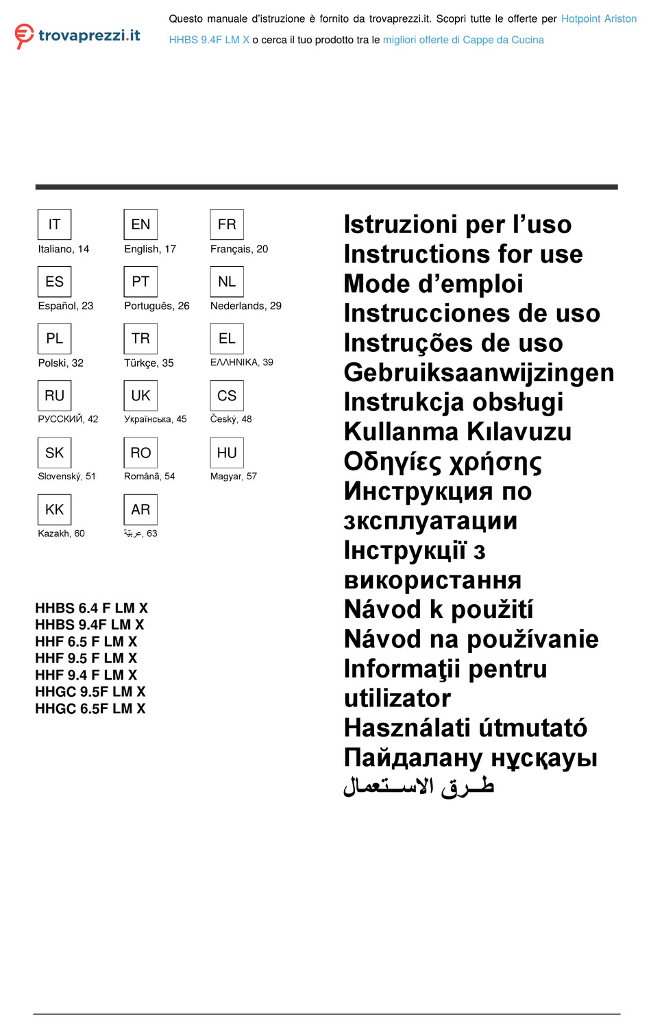 HOTPOINT ARISTON HHBS 6.4 F LM X INSTRUCTIONS FOR USE MANUAL Pdf