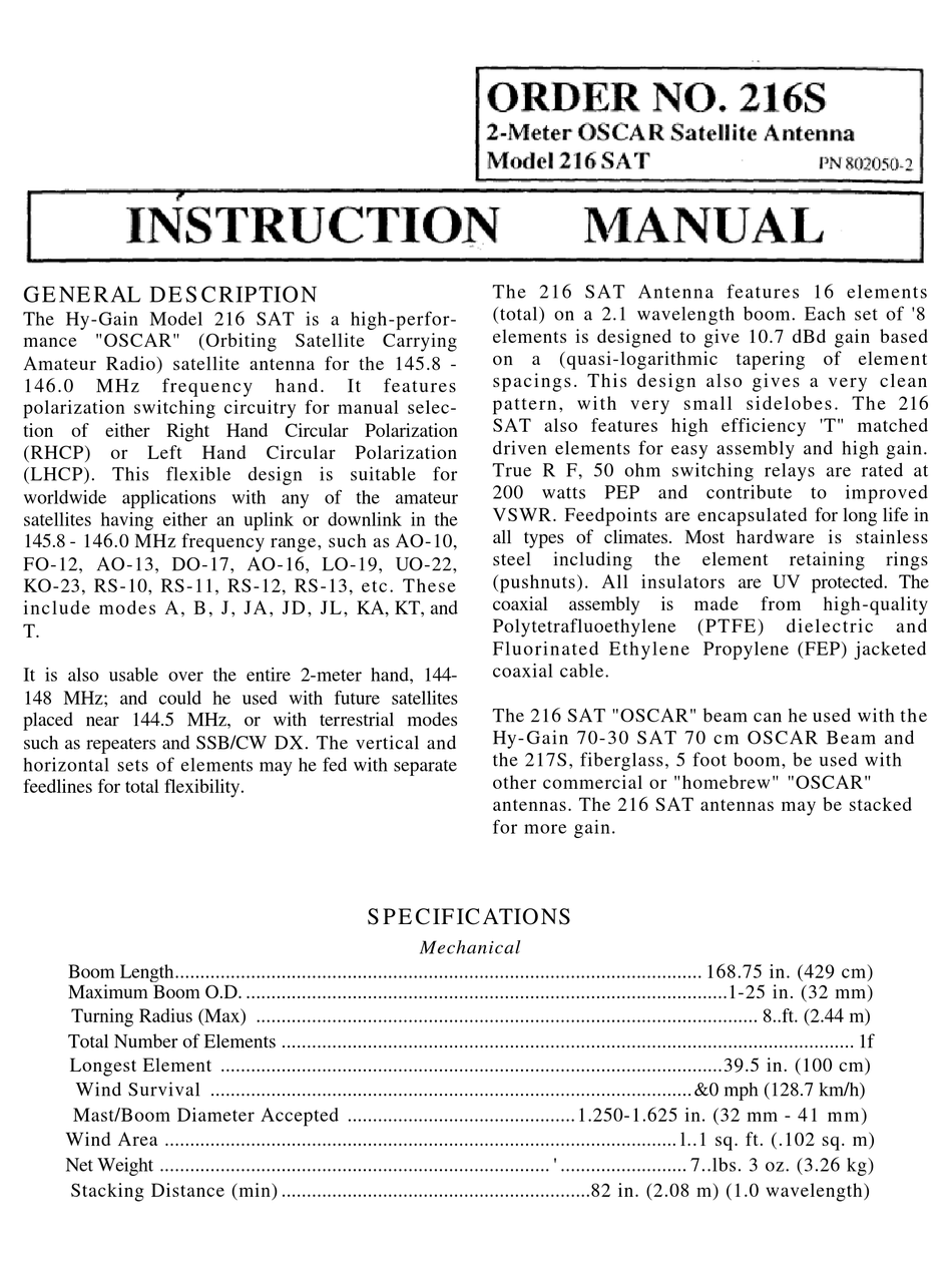 HY-GAIN 216SAT INSTRUCTION MANUAL Pdf Download | ManualsLib