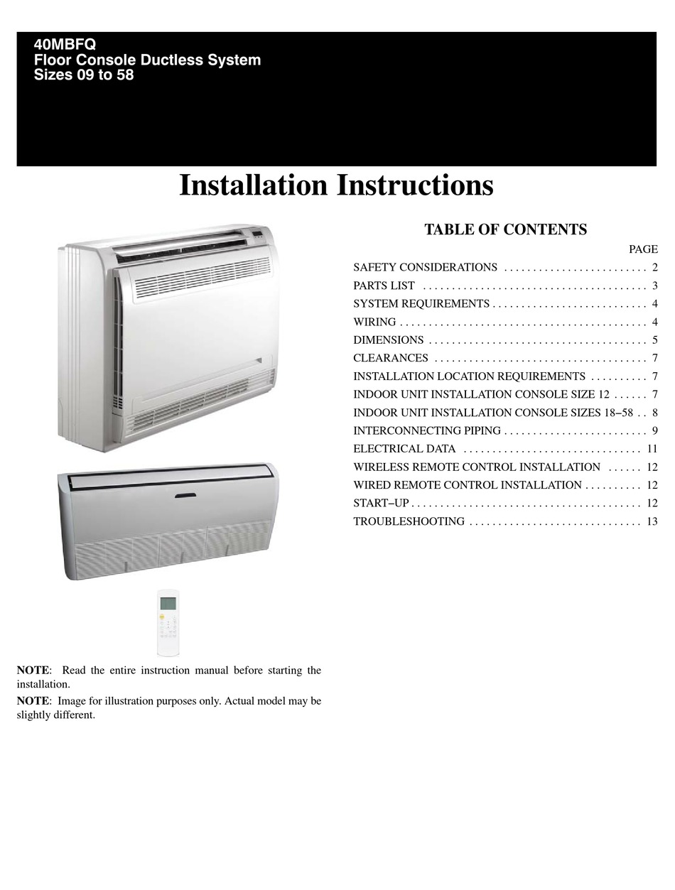 INTERNATIONAL COMFORT PRODUCTS 40MBFQ INSTALLATION INSTRUCTIONS MANUAL ...