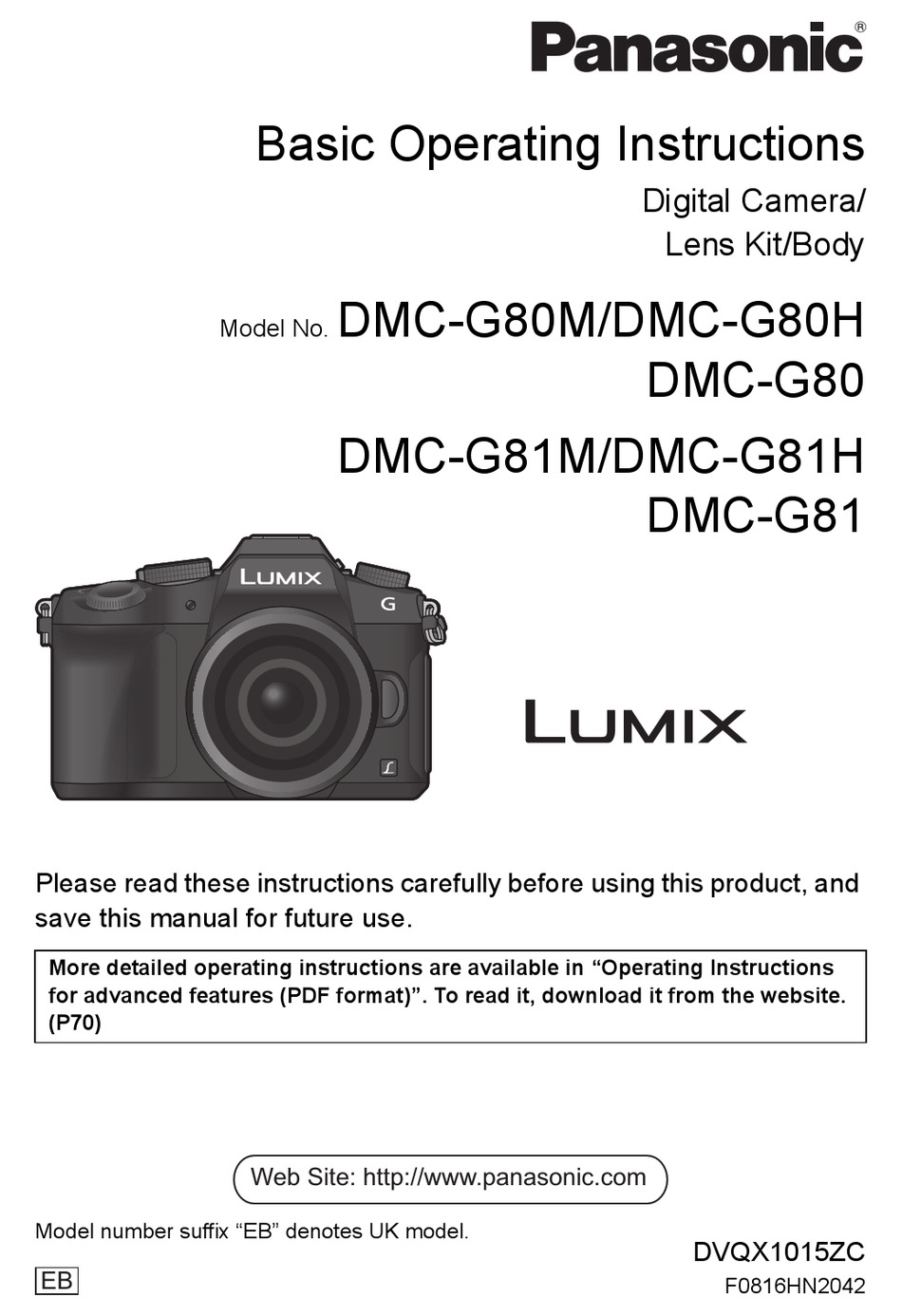 PANASONIC LUMIX DMCG80M ASSEMBLY AND OPERATING INSTRUCTIONS MANUAL Pdf