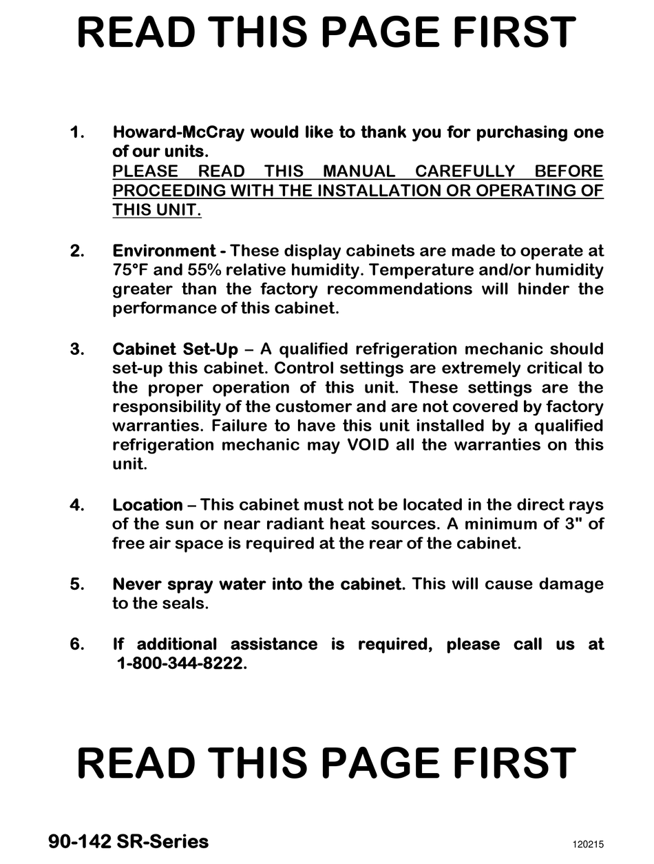 HOWARD MCCRAY SR SERIES INSTALLATION AND OPERATING INSTRUCTIONS MANUAL