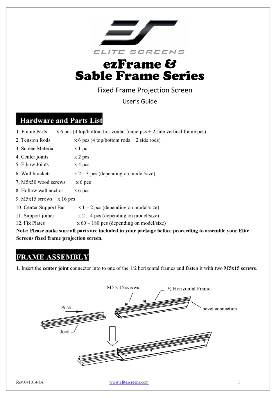 ELITE SCREENS EZFRAME SERIES USER MANUAL Pdf Download ManualsLib