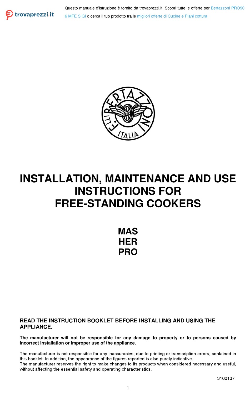 BERTAZZONI MAS INSTALLATION, MAINTENANCE AND USE INSTRUCTIONS Pdf
