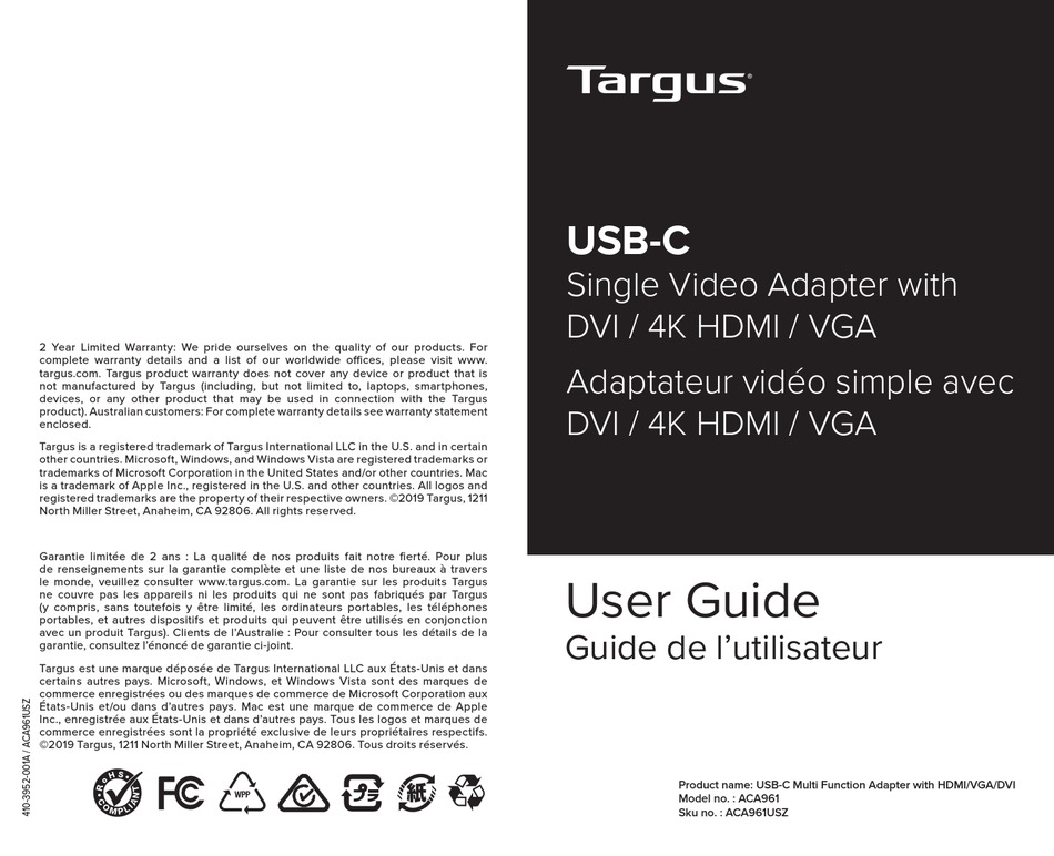 USB-C SINGLE VIDEO ADAPTER WITH 4K HDMI/DVI/VGA ACA961USZ