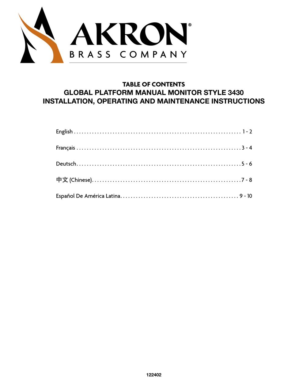 AKRON 3430 INSTALLATION, OPERATING AND MAINTENANCE INSTRUCTIONS FOR THE