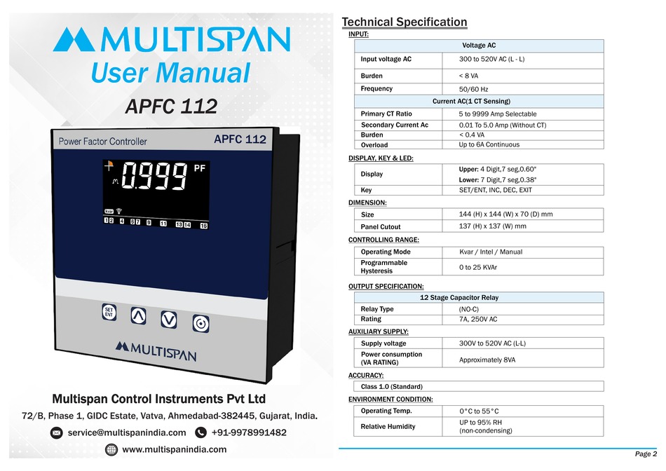 MULTISPAN APFC 112 USER MANUAL Pdf Download ManualsLib