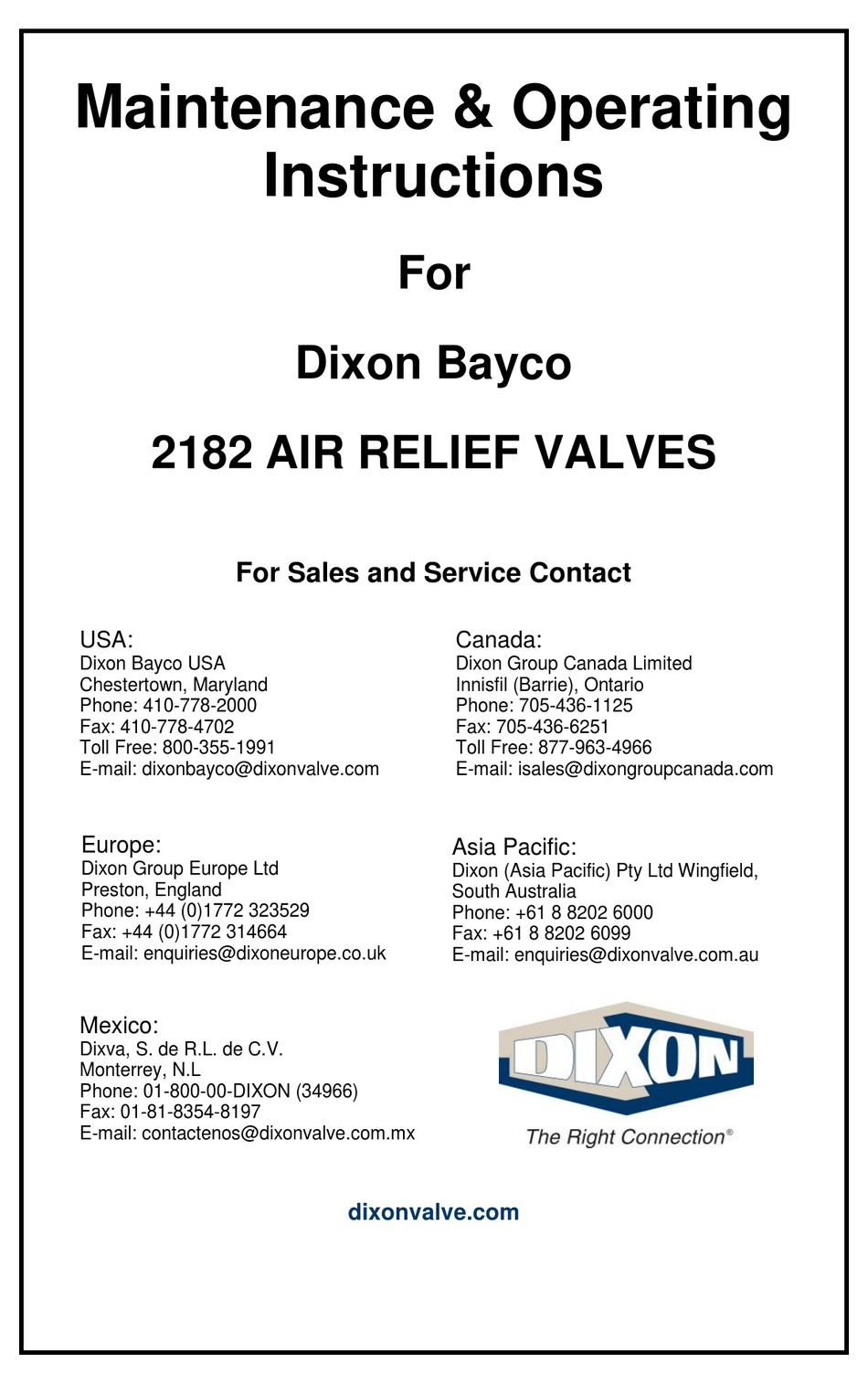 DIXON BAYCO 2182 MAINTENANCE & OPERATING INSTRUCTIONS Pdf Download