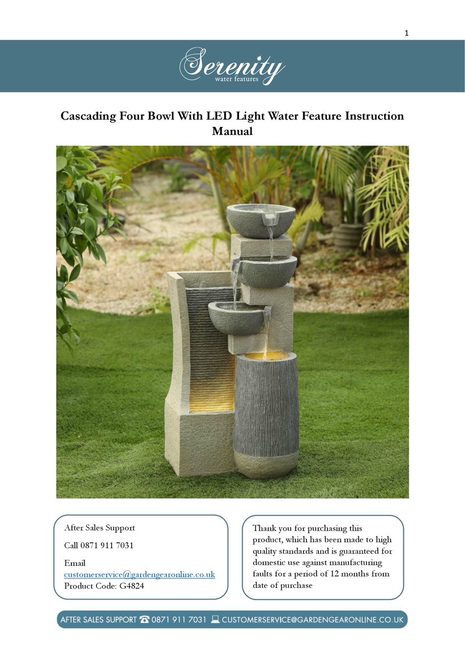 SERENITY CASCADING FOUR BOWL WITH LED LIGHT WATER FEATURE INSTRUCTION