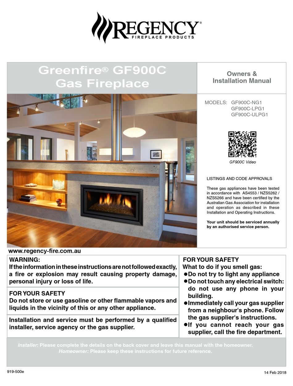 REGENCY FIREPLACE PRODUCTS GREENFIRE GF900CNG1 OWNERS & INSTALLATION