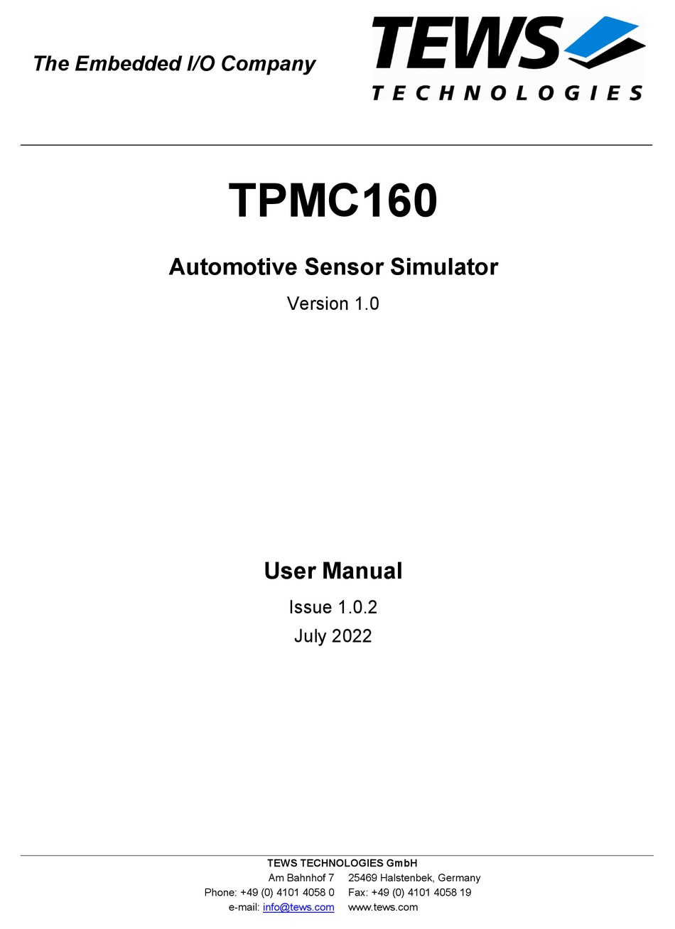 TEWS TECHNOLOGIES TPMC160 USER MANUAL Pdf Download | ManualsLib