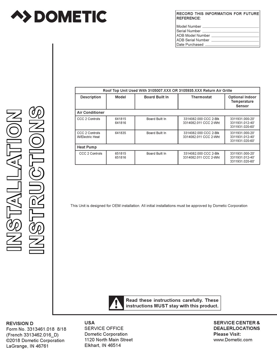 DOMETIC 641815 INSTALLATION INSTRUCTIONS MANUAL Pdf Download ManualsLib