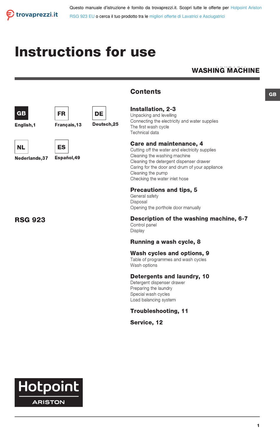 HOTPOINT ARISTON RSG 923 INSTRUCTIONS FOR USE MANUAL Pdf Download