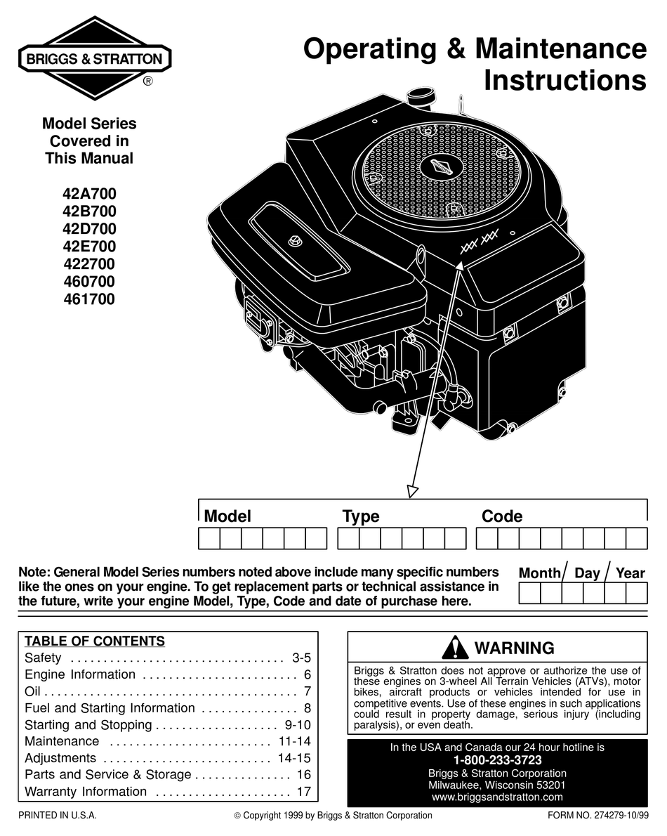 BRIGGS & STRATTON 42A700 OPERATING & MAINTENANCE INSTRUCTIONS Pdf ...