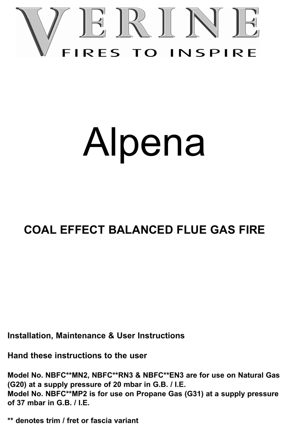 VERINE ALPENA INSTALLATION, MAINTENANCE & USER INSTRUCTIONS Pdf