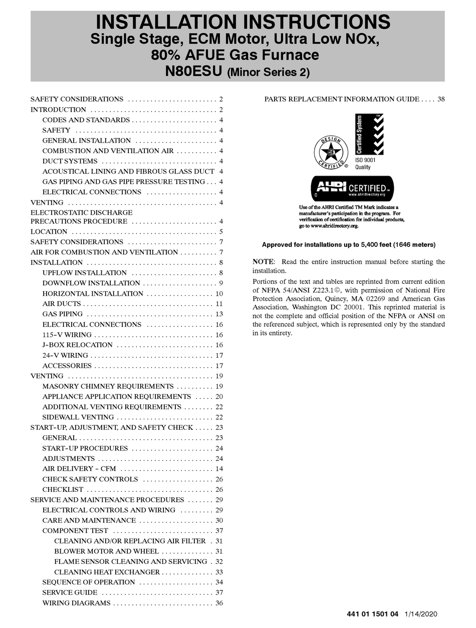 INTERNATIONAL COMFORT PRODUCTS N80ESU INSTALLATION INSTRUCTIONS MANUAL