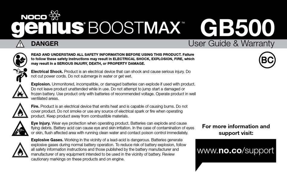 NOCO GENIUS GENIUS BOOSTMAX GB500 USER MANUAL & WARRANTY Pdf Download