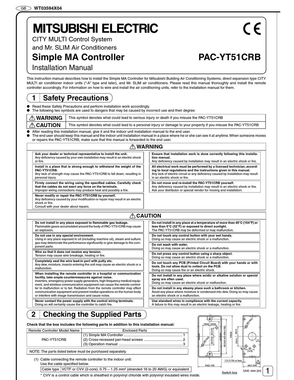 MITSUBISHI ELECTRIC PACYT51CRB INSTALLATION MANUAL Pdf Download