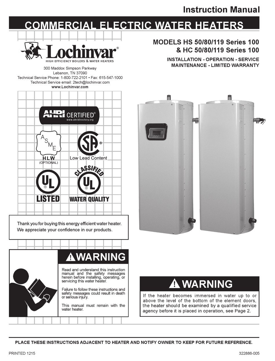 LOCHINVAR HS 50 INSTRUCTION MANUAL Pdf Download ManualsLib