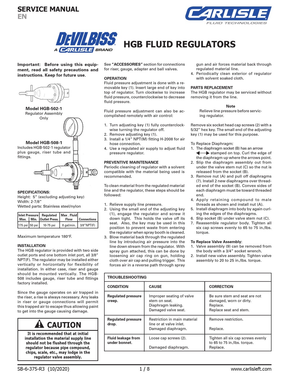 CARLISLE DEVILBISS HGB SERIES SERVICE MANUAL Pdf Download | ManualsLib