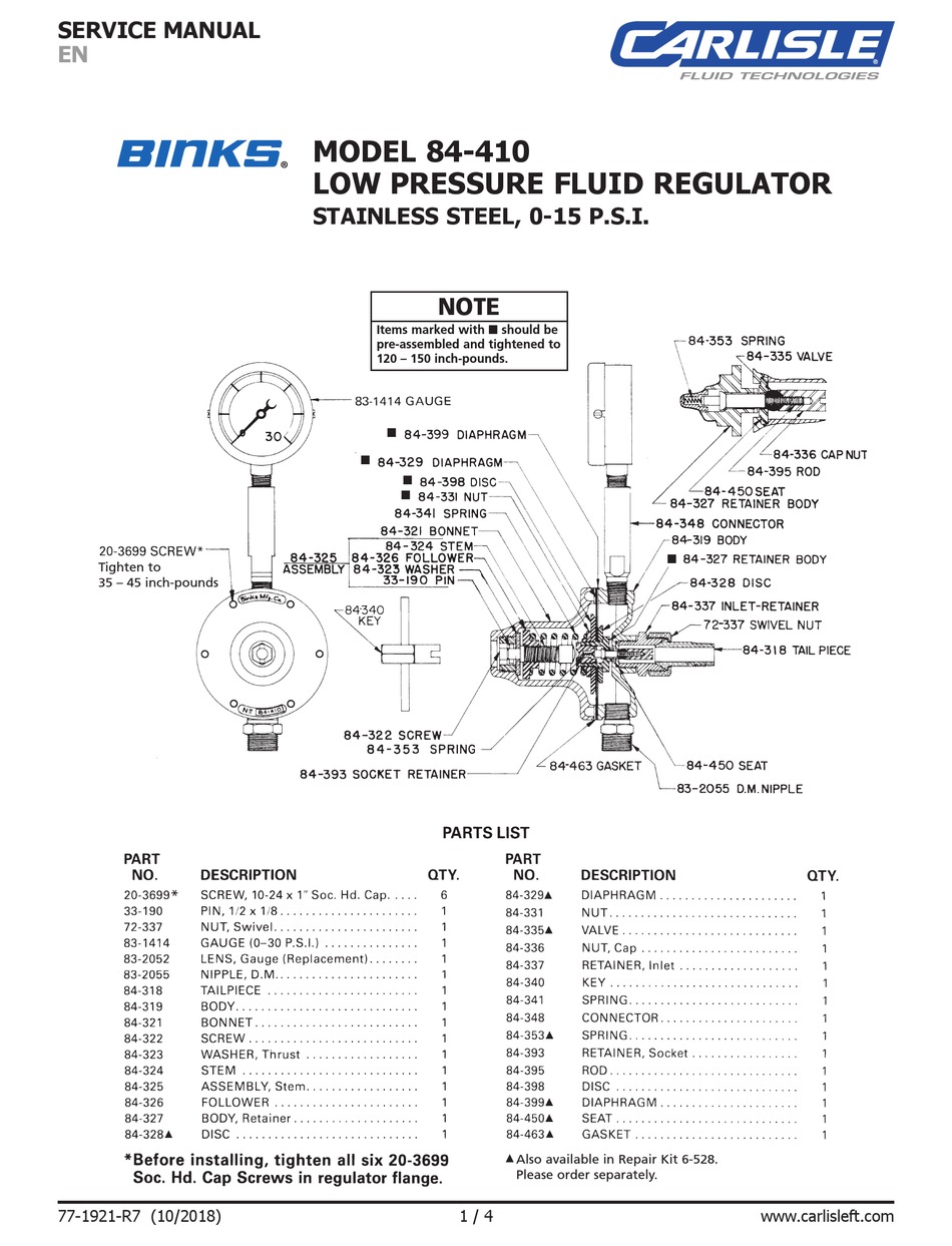 CARLISLE BINKS 84-410 SERVICE MANUAL Pdf Download | ManualsLib