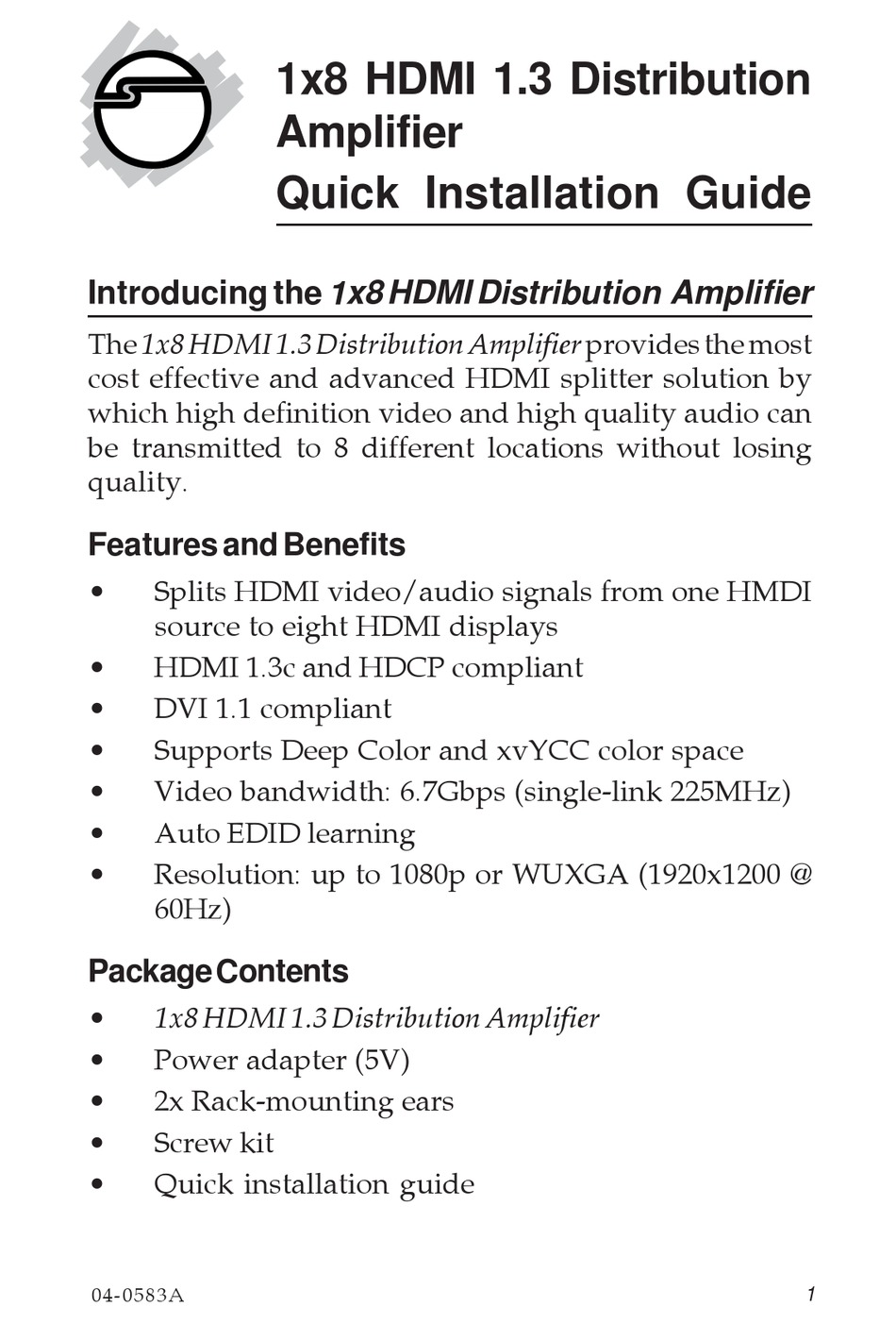 SIIG 1X8 HDMI 1.3 DISTRIBUTION AMPLIFIER QUICK INSTALLATION MANUAL Pdf