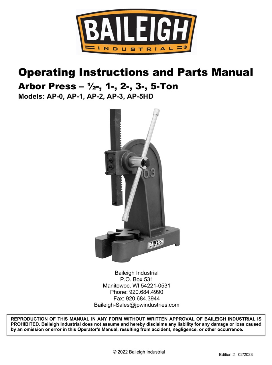 BAILEIGH INDUSTRIAL AP0 OPERATING INSTRUCTIONS AND PARTS MANUAL Pdf