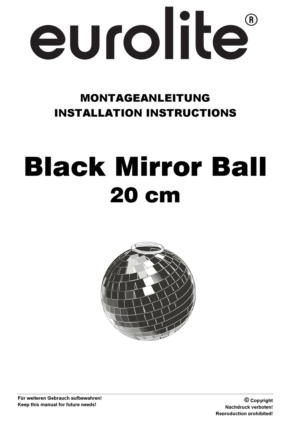 EUROLITE BLACK MIRROR BALL 20 CM INSTALLATION INSTRUCTIONS MANUAL Pdf