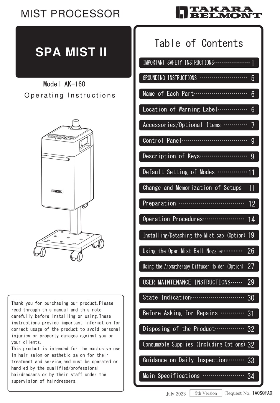 TAKARA BELMONT SPA MIST II OPERATING INSTRUCTIONS MANUAL Pdf Download
