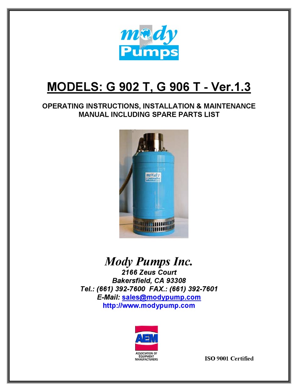 MODY PUMPS G 900 SERIES OPERATING INSTRUCTIONS, INSTALLATION ...