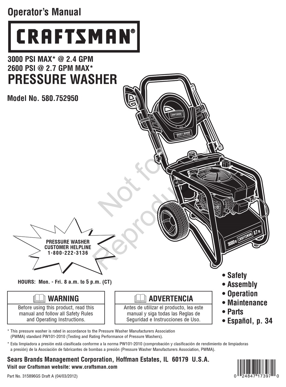 Craftsman 580.752950 Operator's Manual Pdf Download 