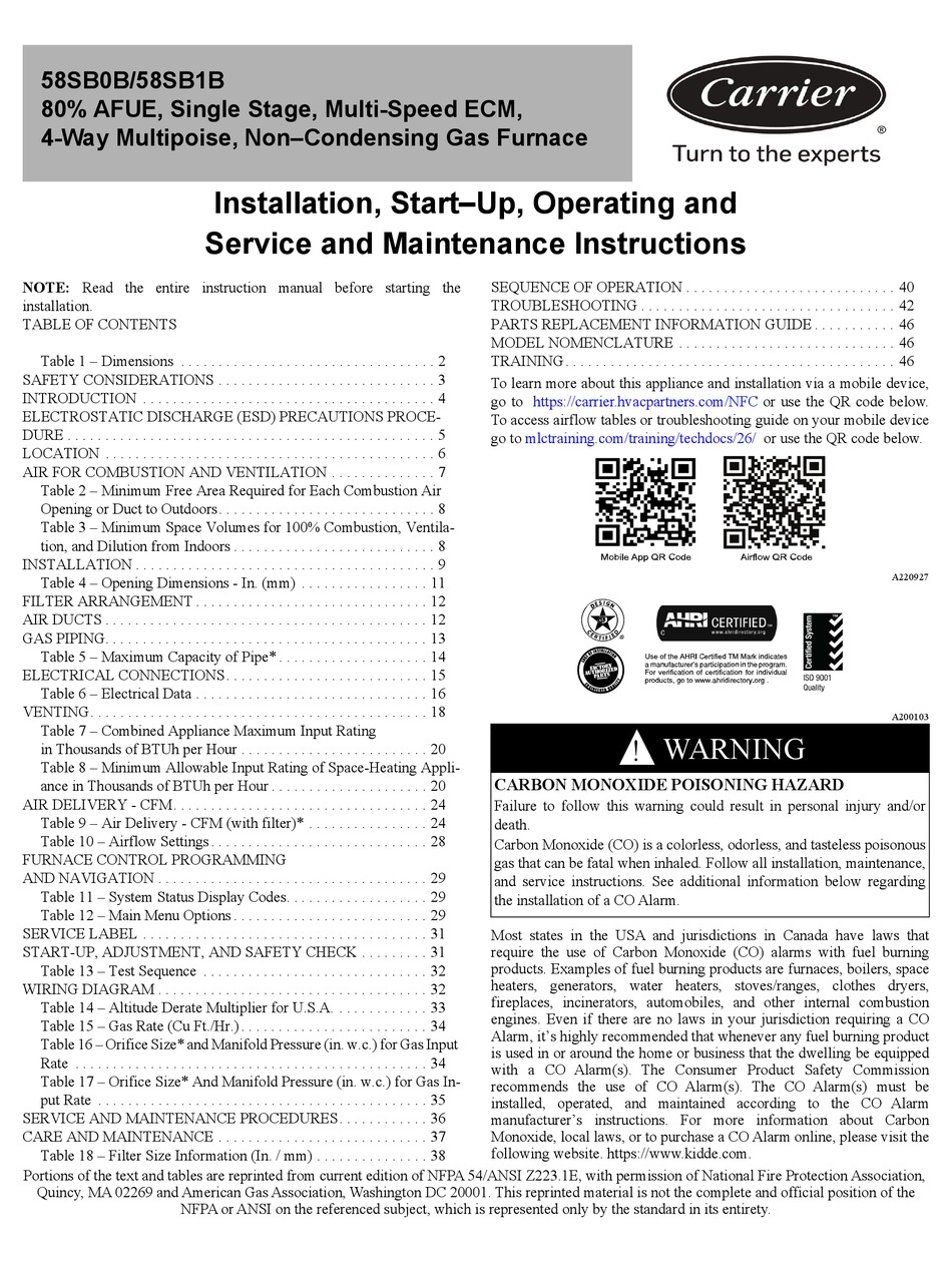 CARRIER 58SB0B OPERATING INSTRUCTIONS MANUAL Pdf Download | ManualsLib